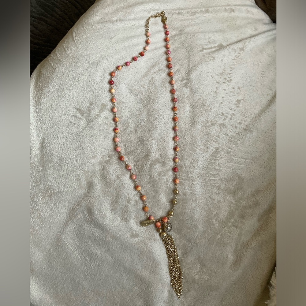 Chico’s Coral Bead Goldtone Tassel Necklace Heart Love Charms